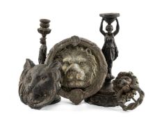 ASSORTED DECORATIVE METALWARE, including large lion mask door knocker, pair of figural chenets,