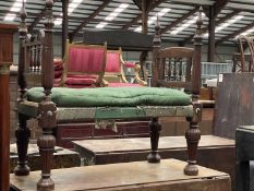 INDIAN CARVED HARDWOOD WINDOW SEAT / CHILD'S BED, ends with turned finials, reeded uprights and