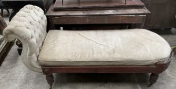 TWO CHAISES / DAYBEDS, one Regency style mahogany chaise upholstered in pale brown velour, loose