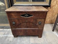 NAPOLEON III MAHOGANY COMMODE, three drawers, ebonised lozenge, shaped escutcheon, 79 (h) x 87 (w) x