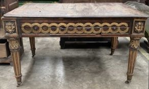 GEORGE III STYLE OAK LIBRARY TABLE, fitted all four sides with Vitruvian scroll carved draw