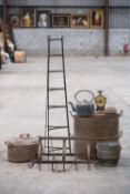 ASSORTED KITCHENALIA, including tiered pan stand, overhead hanging rack, kettles, steamers, enamel