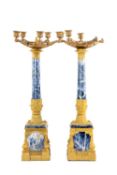 PAIR 19th C. FRENCH GILT BRONZE & MARBLE CANDELABRA, circular tops with five branches on column