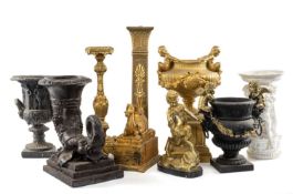 ASSORTED RESIN ORNAMENTS, in the antique taste, including pair of recumbent camels, pair of