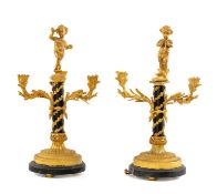PAIR 19th C. FRENCH PARCEL GILT BRONZE FIGURAL CANDELABRA, musical putti surmounts above three