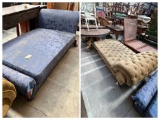 TWO CHAISE LONGUE/DAY BEDS, one upholstered in green/brown velour, 206cms (l), the other of blue