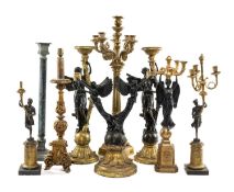 ASSORTED RESIN CANDELABRA & CANDLEHOLDERS, in the antique taste, some with winged angel supports,