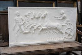 RECTANGULAR PLASTER RELIEF PANEL, Roman chariot and horses, 80 x 148cms Comments: Framed, some