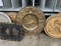 DECORATIVE WALL PLAQUES comprising white metal on copper Eastern plaque, brass relief wall plaque