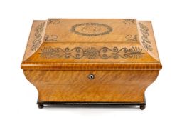 EARLY 19th C. SATIN MAPLE WORK BOX, sarcophagus form, hinged lid applied with cut steel work and