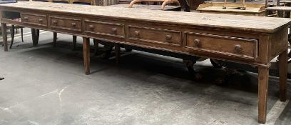 ANTIQUE 'COUNTRY HOUSE' PINE LONG DRESSER BASE, triple plank top, six fitted drawers (one