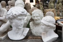 ASSORTED DECORATIVE BUSTS, including Greeks, Romans, etc. various materials, largest 72cms (h) (6)
