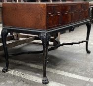 UNUSUSAL 19TH C. BURR WALNUT OR AMBOYNA FIVE-DRAWER CABINET, ebonised base with scroll headded