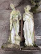 PAIR OF PAINTED RECONSTITUTED STONE FIGURES OF CLASSICAL MAIDENS, both semi-draped, 162cms (h) (2)