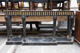 REGENCY STYLE PARCEL-GILT & EBONISED BREAKFRONT SERVING TABLE BASE, fluted frieze, tapering square