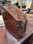 GEORGE III MAHOGANY & EBONY STRUNG KNIFE BOX, containing mixed group of associated EPNS cutlery