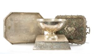 ASSORTED SILVER PLATE, comprising three tea trays, punch bowl, and cake stand Provenance: The