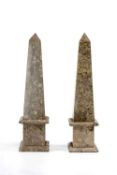 PAIR GRAND TOUR STYLE VARIEGATED BROWN MARBLE OBELISKS, grated bases and plinths, 57cms (h) (2)