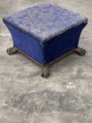 19TH C. TAPERING SQUARE OTTOMAN, upholstered in blue fabric, claw and ball feet, 45 (h) x 64 (w) x