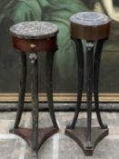 TWO URN STANDS, comprising Empire style tripod stand, grey marble top, star applied frieze, three