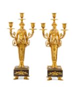 PAIR EMPIRE STYLE FIGURAL THREE-BRANCH CANDELABRA, standing females supporting scrolled candle