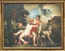 FRANCO TOSCANA oil on canvas - reproduction of 'Venus and Adonis' by Titian, signed, 182 x 243cms