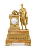 EMPIRE STYLE GILT BRONZE & YELLOW MARBLE FIGURAL MANTEL CLOCK, Roman Centurion or Emperor surmount