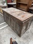 LARGE 18TH C. JOINED OAK COFFER, panelled top, front, and sides, low style feet, 74 (h) x 146 (w)