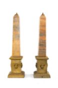 PAIR EMPIRE STYLE ORANGE MARBLE TABLE LAMPS, modelled as obelisks, on gilt metal plinth bases