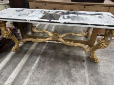 LARGE PAIR OF ITALIAN STYLE GILTWOOD CONSOLE TABLES, with polished black marble top (overpainted),