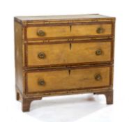 19TH PAINTED PINE CHEST, three graduated drawers, bracket feet, 88 (h) x 92 (w) x 46cms (d)