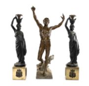 PAIR OF PAINTED METAL FIGURAL CANDLEHOLDERS, modelled as Greek maidens on lacquered brass plinths,