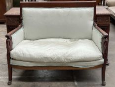 NAPOLEON III STYLE MAHOGANY CANAPÉ, rectangular padded backs and sides, upholstered in turquoise