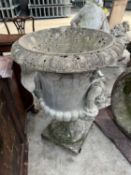 LARGE PAIR RECONSTITUTED STONE CLASSICAL URNS, everted moulded rims above vine decorated bodies,