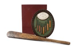 THE CRICKET CLUB HOUSE: EARLY PRACTICE BAT & RESIN PLAQUE, former stamped Nicholls/Jack Sharp Ltd (