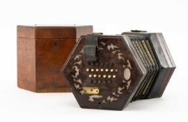 THE MUSIC CLUB HOUSE: 19TH CENTURY 48 BUTTON CONCERTINA with rosewood ends, in hexagonal case