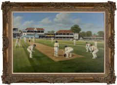 THE CRICKET CLUB HOUSE: TERENCE MACKLIN oil on canvas - Kent vs. Lancashire in 1990's, depicting the
