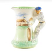 THE CRICKET CLUB HOUSE: BURLEIGH WARE CRICKETING JUG, the handle batsman wearing blue cap, 19.