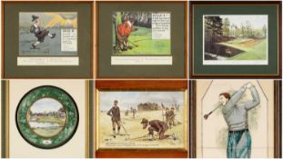 THE GOLF CLUB HOUSE: FRAMED PRINTS & CERAMICS RELATING TO GOLF, including tiles entitled 'The