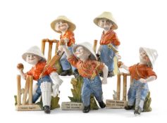 THE CRICKET CLUB HOUSE: FIVE GERMAN PORCELAIN NOVELTY FIGURAL SPILL VASES OF BOY CRICKETERS, each