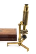 THE AMATEUR SCIENCE CLUB HOUSE: Victorian travelling brass monocular microscope, brass folding