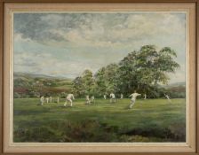 THE CRICKET CLUB HOUSE: D. MCKEAN oil on canvas - players at the crease at a country cricket club,