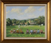 THE CRICKET CLUB HOUSE: ALAN KING oil on canvas - entitled 'Cricket on the Village Green', signed to
