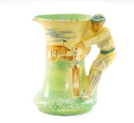 THE CRICKET CLUB HOUSE: BURLEIGH WARE CRICKETING JUG, the handle batsman wearing hooped cap, 19.5cms