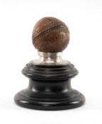 THE CRICKET CLUB HOUSE: NOVELTY EDWARDIAN CRICKET BALL TROPHY, leather ball mounted on silver collar