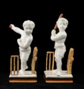 THE CRICKET CLUB HOUSE: Rare pair Mintons bone china cricket figurines, the boy bowler and batsman