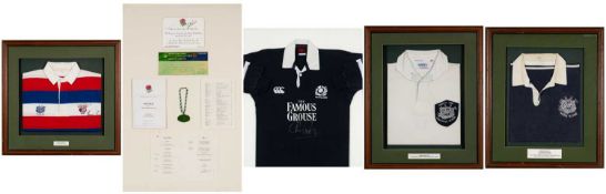THE RUGBY UNION CLUB HOUSE: COLLECTION OF RUGBY SHIRTS & EPHEMERA, framed and glazed, including