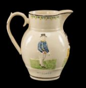 THE CRICKET CLUB HOUSE: Leeds 'Clarke, Pilch & Box' creamware jug, sprigged in relief with the three