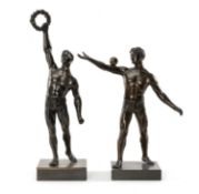 THE ATHLETICS CLUB HOUSE: TWO PATINATED SPELTER MODELS OF ATHLETES, c. 1930s, one holding aloft a