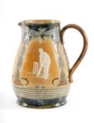 THE CRICKET CLUB HOUSE: Doulton Lambeth 'Abel, Woods & MacGregor' stoneware jug, sprigged in white